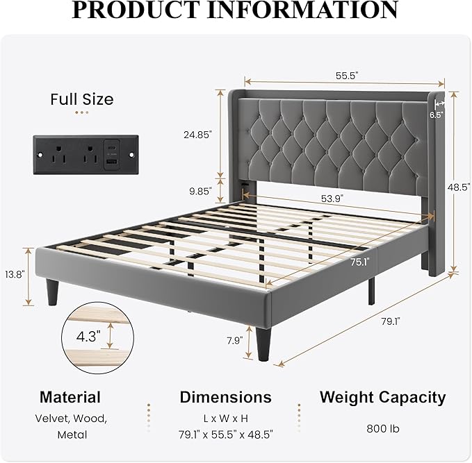 SHA CERLIN Full Size Platform Bed Frame with Charging Station, Velvet Wingback Headboard with Storage Shelf, Wooden Slats Support, Ample Under-Bed Space, No Box Spring Needed, Easy Assembly, Grey