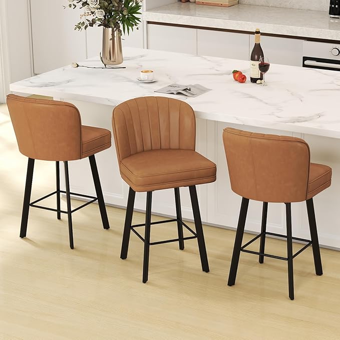 Swivel Counter Height Bar Stools Set of 3, 26'' Modern Barstools with Backs and Metal Legs, Upholstered Bar Chairs, Faux Leather Whiskey Brown Stools for Kitchen Island Chairs