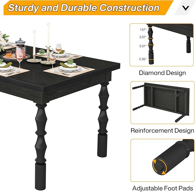 Tribesigns 62” Wood Dining Table for 4-6 People, Farmhouse Large Rectangle Kitchen Table, Modern Dinner Table Kitchen & Dining Room Furniture with Carved Turned Legs