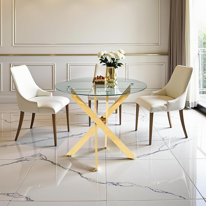 Dining Table for 4 Modern Round Dining Table 35.43" Kitchen & Dining Room Tables with Metal Legs and Glass Tabletop for Dining Room and Apartment, Gold