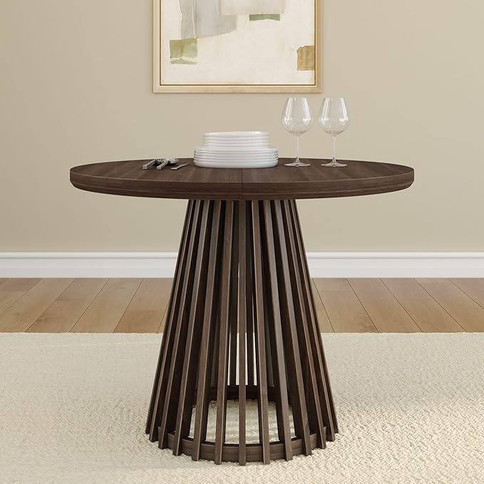 Plank+Beam Lido Round Dining Table, 38", Wooden, Pedestal, Minimalist Kitchen Table for 4 for Dining Room, Walnut