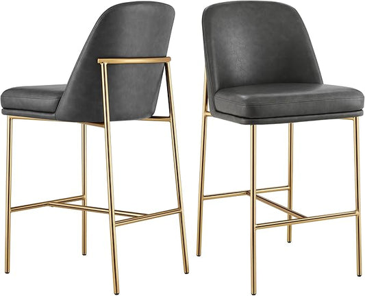 CHITA Counter Height Bar Stools Set of 2, FSC Certified Metal Barstools for Kitchen Island, 27" H Seat Height, Faux Leather, Grey
