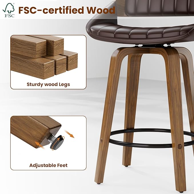 Bar Stools Set of 3, 26" Swivel Counter Height Barstools with Walnut Bentwood Back and Legs, Mid-Century Modern Faux Leather Upholstered Bar Chairs with footrest for Bar, Kitchen Island, café, Brown