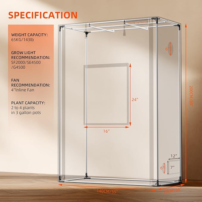 Spider Farmer Pro Series 4.6x2.3x6.6 Grow Tent, 55"x28"x80" with Roll-up Door, Observation Window Floor Tray, 2000D Thicken Mylar Canvas, 4x2 for Hydroponic Indoor Growing for SF2000, SE4500, G4500