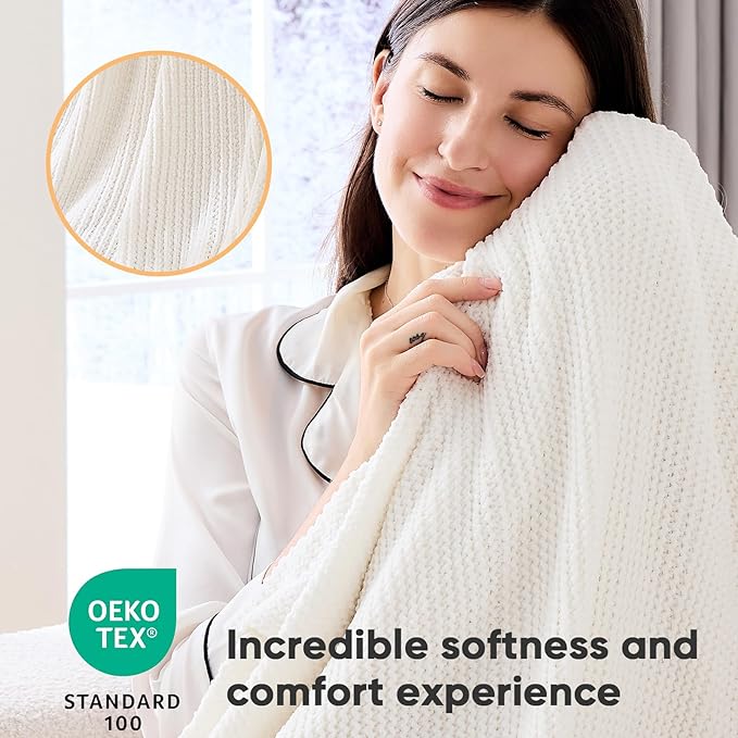 inhand Throw Blanket for Couch Bed,Chunky Chenille Woven Soft Blankets with Tassels,Cozy Boho Farmhouse Fall Winter Decor,Warm for Women,50"x60",Medium Thick-Off White