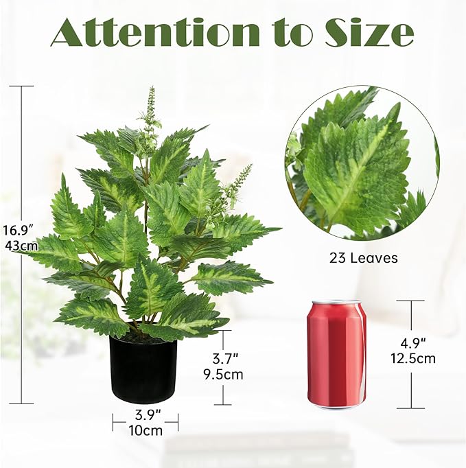 Artificial Plants Indoor with Pot 16.9" Faux Potted Perilla Plants Indoor Decorative Silk Greenery in Black Pot for Farmhouse Home Bathroom Living Room Office Table Shelf Decor