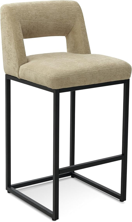 Counter Height Bar Stool for Kitchen Counter Modern Bar Chair with Back for Kitchen Island with Upholstered Fabric Seat and Metal Frame, Khaki, 26 Inch