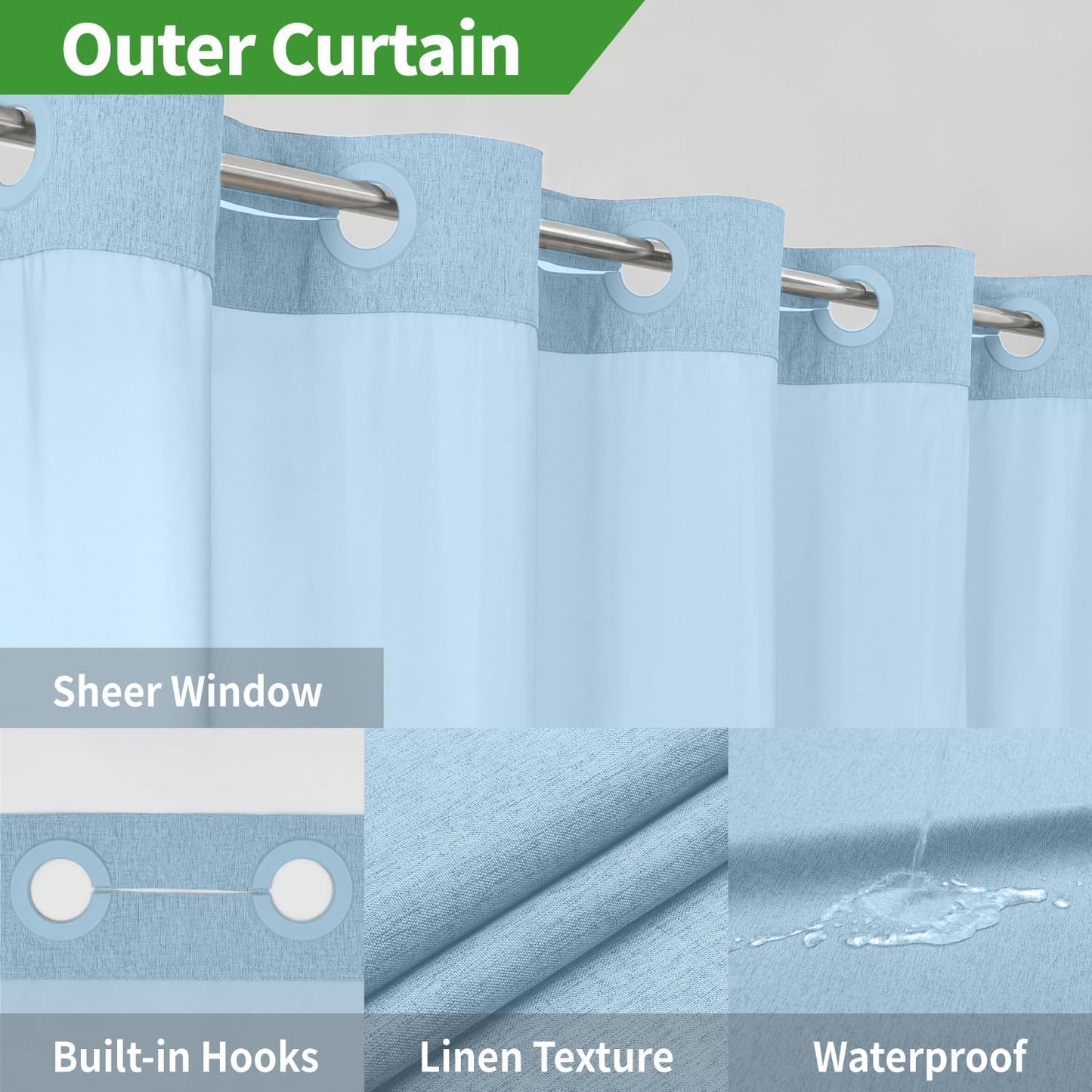 No Hooks Needed Linen Textured Shower Curtain with Snap-in Fabric Liner Set,Hotel Luxury Decor Waterproof Shower Curtains for Bathroom with Mesh Top Window,Washable,71Wx74H,Fog Blue