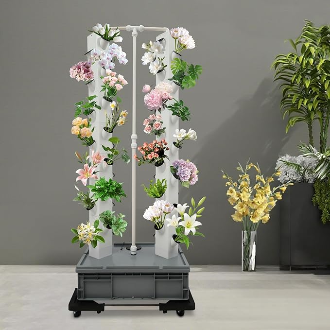 56-Hole Hydroponic Growing System Vertical Garden Tower with Automatic Watering Timer, 4 Wheels for Indoor Outdoor Use | Grow Lettuce, Strawberries, Tomatoes, Herbs