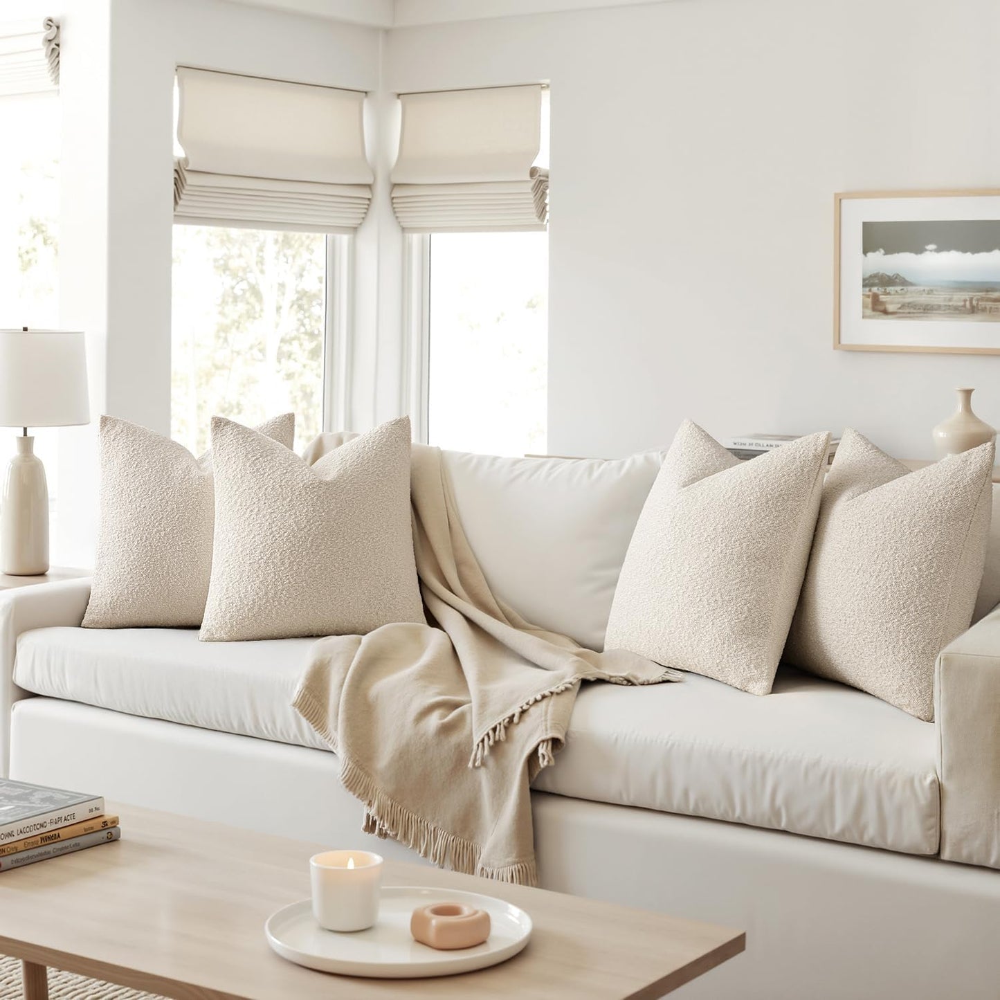 MIULEE Pack of 4 Decorative Textured Boucle Throw Pillow Covers 20x20 Inch Beige Accent Solid Pillow Cases Soft Couch Cushion Covers for Modern Farmhouse Boho Chair Sofa Bed Livingroom Home Decor