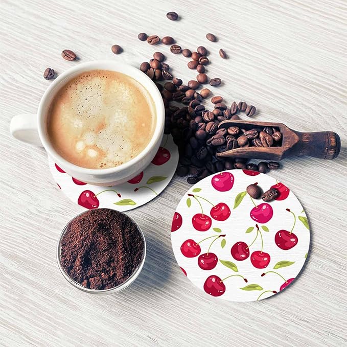 Cherry Berries Coasters for Drinks Office Coffee Table Healthy Fresh Fruit Food Glossy Leaf Organic Ripe Sweet Graphic Living Room Decor Set of 2 for Cold Drinks Wine Mugs and Cups 4 Inch