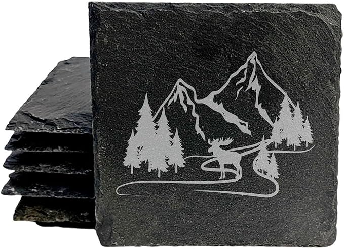 Mountain Majesty Slate Coasters with Stunning Mountain Scene Design - Perfect for Home and Office Decor and Protection of Surfaces, Available in Square or Round Coasters - Square Slate - Set of 6