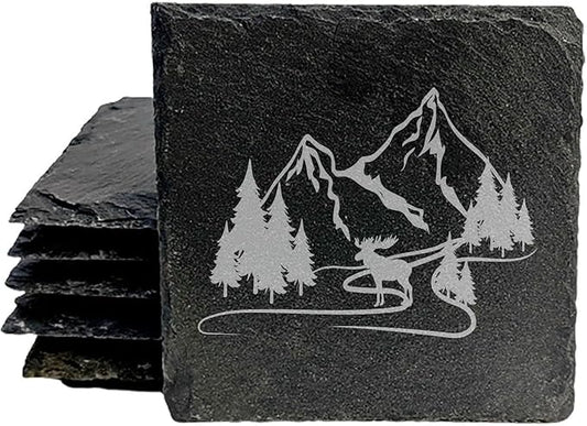 Mountain Majesty Slate Coasters with Stunning Mountain Scene Design - Perfect for Home and Office Decor and Protection of Surfaces, Available in Square or Round Coasters - Square Slate - Set of 6