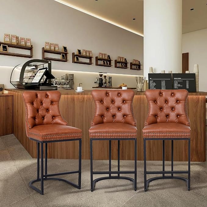 Counter Height Bar Stools Set of 2, 24" Modern Barstools with Back, Faux Leather Upholstery Counter Chairs with Metal Legs for Kitchen Island, Bar, Counter, Brown
