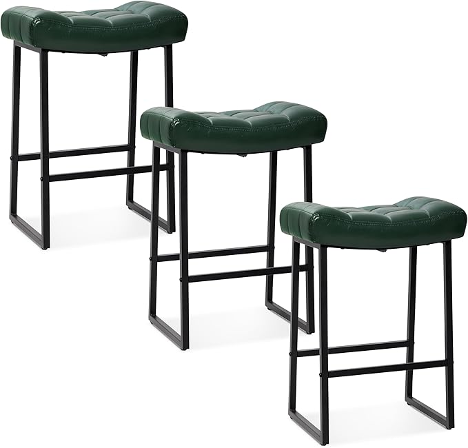 Modern Bar Stools Set of 3 for Kitchen Counter 24 inch Counter Height Backless Barstools with Upholstered Faux Leather Saddle Seat and Metal Frame Industrial Bar Chairs, Dark Green