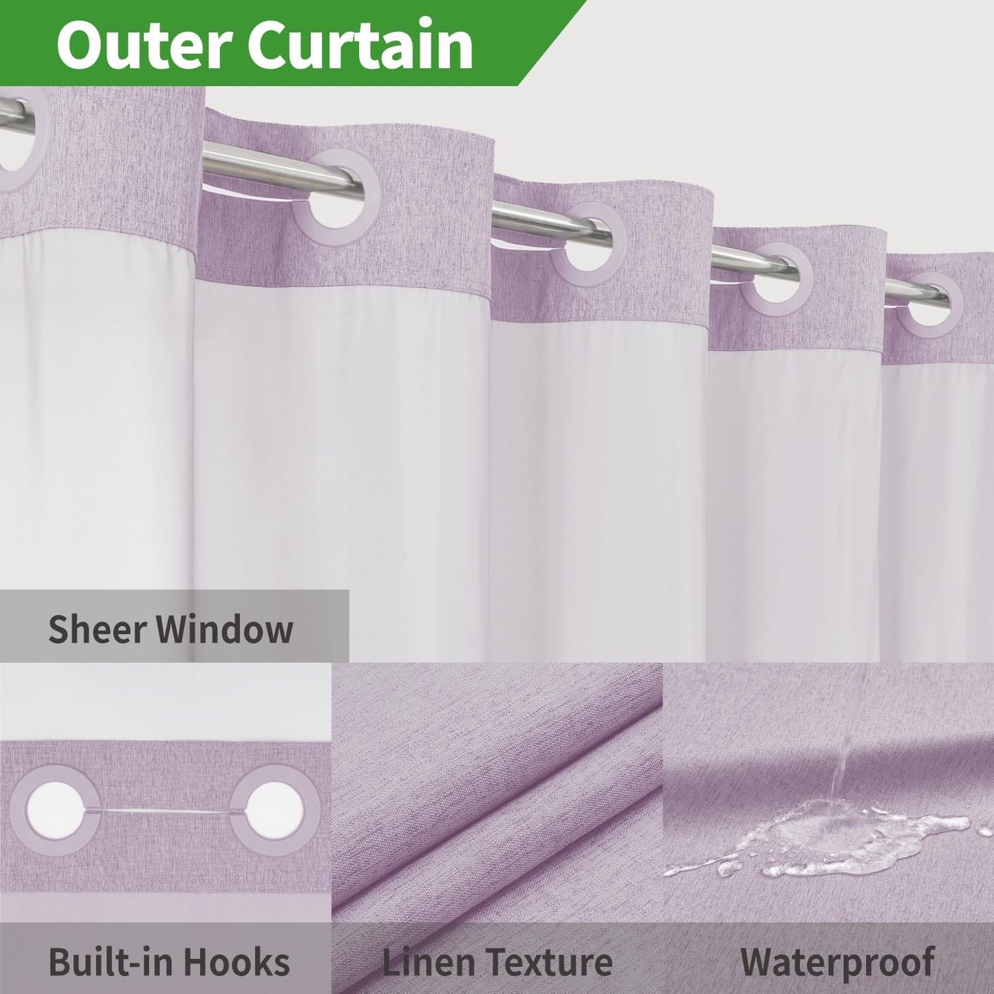 No Hooks Needed Linen Textured Shower Curtain with Snap-in Fabric Liner Set,Hotel Luxury Decor Shower Curtains for Bathroom with Mesh Top Window,Waterproof & Washable,71Wx74H,Lavender