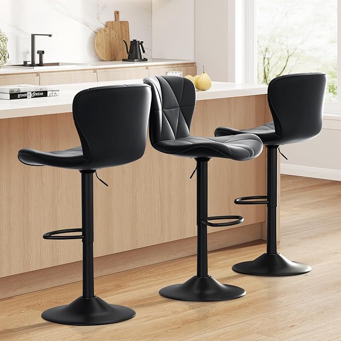 Bar Stools Set of 3,Adjustable Swivel Barstools, Faux Leather Bar Chairs,Upholstered Counter Height with High Backrest for Kitchen Island, Black