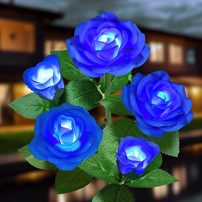 Solar Flower Lights Outdoor - Upgraded New Material Two Modes Realistic LED Solar Powered Waterproof Lights with 5 Roses, Solar Flower Decorativ for Garden (Blue, 1 Pack)