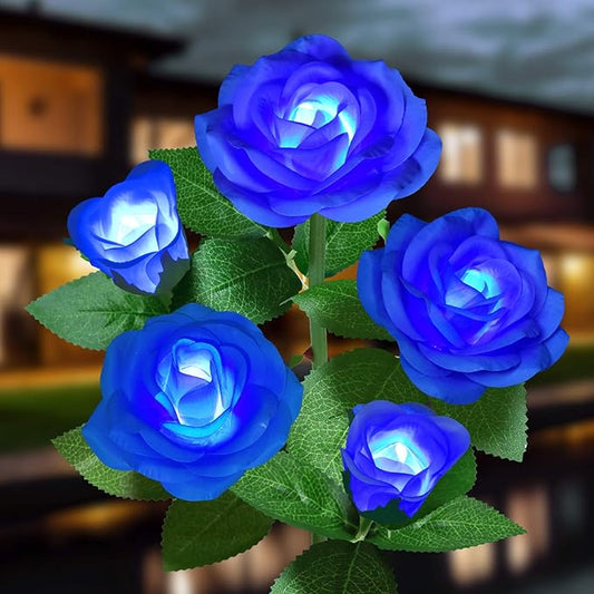 Solar Flower Lights Outdoor - Upgraded New Material Two Modes Realistic LED Solar Powered Waterproof Lights with 5 Roses, Solar Flower Decorativ for Garden (Blue, 1 Pack)