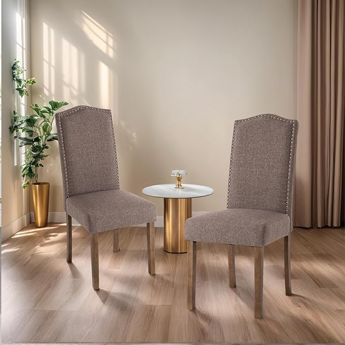 Stylish Upholstered Parsons Dining Chair Kitchen with Silver Nailhead Trim and Sturdy Solid Wood Legs