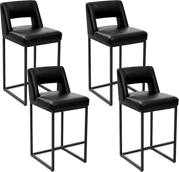 Black Bar Stools Set of 4 for Kitchen Counter Counter Height Modern Bar Chairs with Backs for Kitchen Island with Upholstered Faux Leather Seat and Metal Frame, 26 Inch