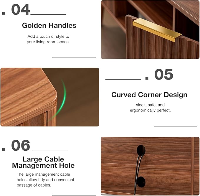 TV Stand for Living Room, Mid Century Modern Entertainment Center for 55/60/65 inch TVs, TV Console with Fluted Door Cabinets and Open Shelves, for Bedroom, Walnut