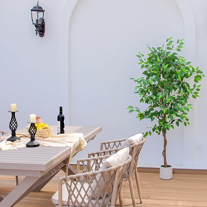 6FT Artificial Ficus Tree with White Planter, Realistic Faux Silk Indoor Outdoor Plant for Home Office Living Room, Porch, Garden Decor