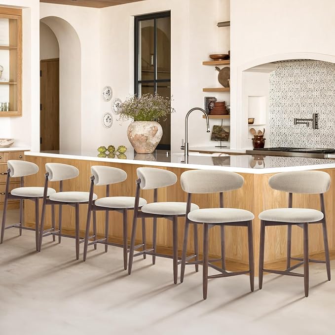 COLAMY Counter Height Bar Stools Set of 6, Kitchen Bar Stools with Back, Mid Century Modern Upholstered Stools, with Wood Legs for Kitchen Island Dining Room, Beige