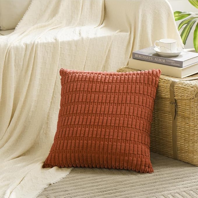 Fancy Homi 2 Packs Burnt Orange Euro Decorative Throw Pillow Covers 26x26 Inch for Living Room Couch Bed Sofa, Rustic Fall Boho Home Decor, Soft Striped Corduroy Square Cushion Case 66x66 cm