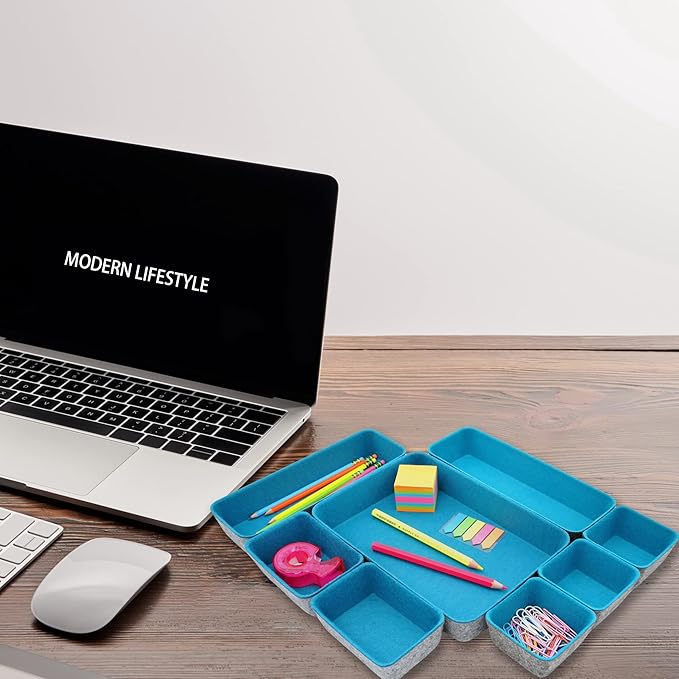 Welaxy desk drawer organizer tray felt storage bin for home office entryway catchall key holder makeup crafts pens decluttering 8-piece gift Solution (Turquoise)