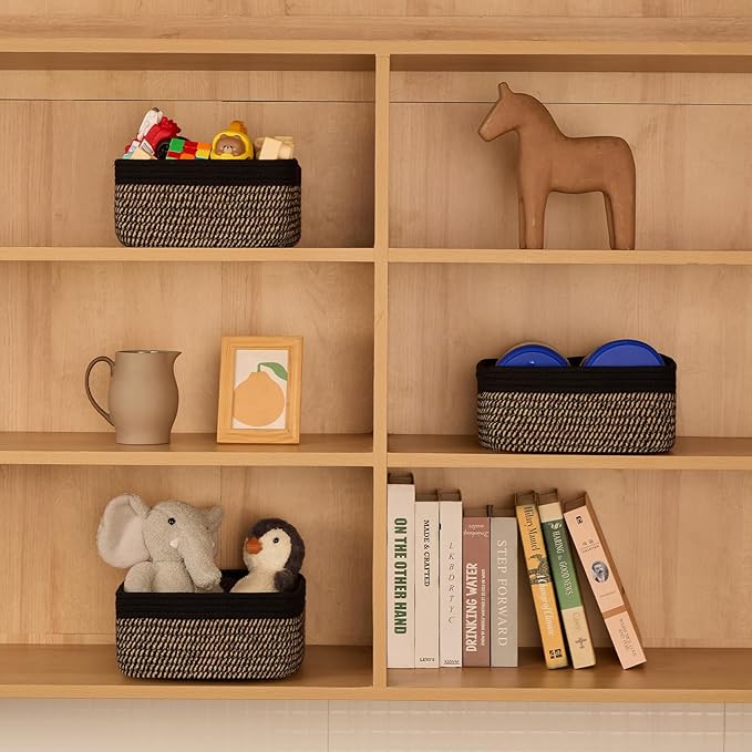Small Square Shallow Baskets for Organizing, 9.7x9.7x4.3 Inch Rope Woven Storage Bins for Cubes Closet, Shelves Storage, Boho Decorative Basket, 2 Packs Black Brown