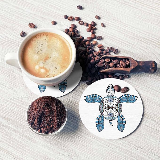 Cartoon Turtle Coasters Set for Wood Table Floral Geometric Pattern Ocean Animal Tribal Boho Paisley Tabletop Protection Mat for Mugs and Cups 4 Inch for Kitchen Office Home