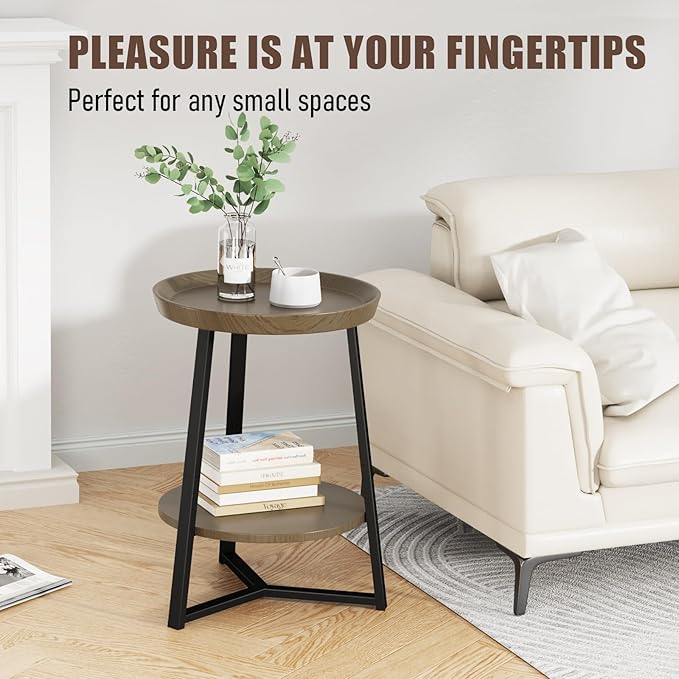 Gadroad Round End Table with Storage Shelf, 2 Tier Farmhouse Side Table Nightstand for Living Room, Bedroom, Wood Tabletop & Black Metal Frame, Walnut Color 15.7 * 15.7 * 23.0inches