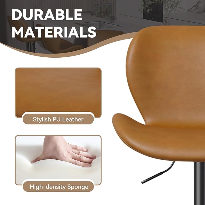 Nalupatio Swivel Bar Stools Set of 2,PU Leather Upholstered Barstools with Back & Footrest, Seat Adjustable Height 22.2-31IN Counter Height Bar Chairs for Bar Kitchen Island,Whiskey Brown