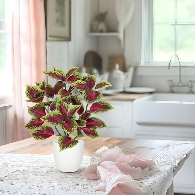 Artificial Plants Indoor 14.2" Small Fake Perilla Plant in Pot Potted Plants Artificial Decor Faux House Plant with White Pot for Farmhouse Home Office Bathroom Living Room Table Shelf Decor