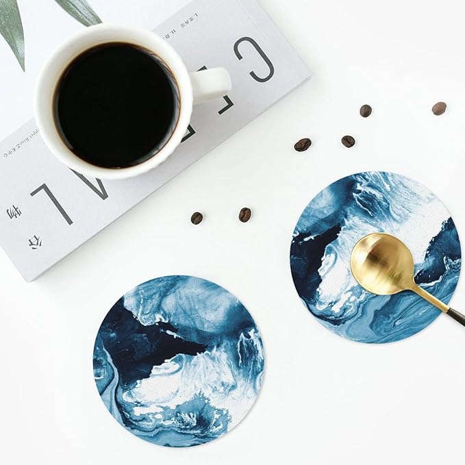 Blue Ocean Marble Coasters Set of 6 Coasters for Drinks Absorbent Double-Sided Leather PVC Coaster for Tabletop Protection Coffee Table Decor Ideal for Home Decor House Warming Gifts