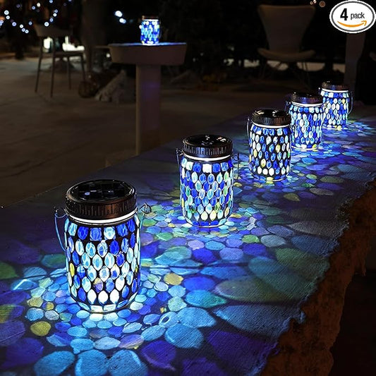 Cooo 4 Pack Mosaic Lanterns Outdoor Waterproof with 215% Larger Solar Panel, Never Rust Lids, True Capacity Battery- Solar Mason Mosaics Jar Lantern for Patio Garden Yard Balcony Hanging or Table