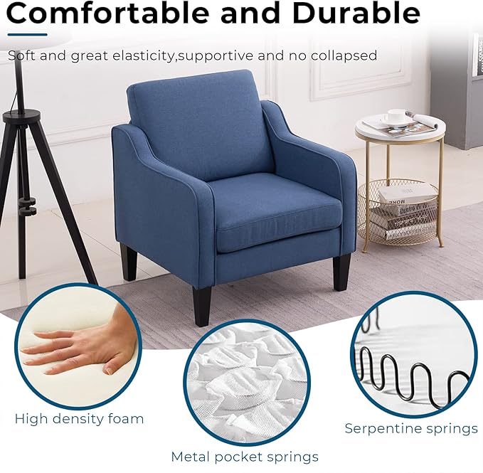 VINGLI Mid Century Modern Accent Chair,Navy Blue Fabric for Living Room Upholstered Armchair with Scooped Arms for Bedroom,Apartment,Studio,Office,Waiting Room