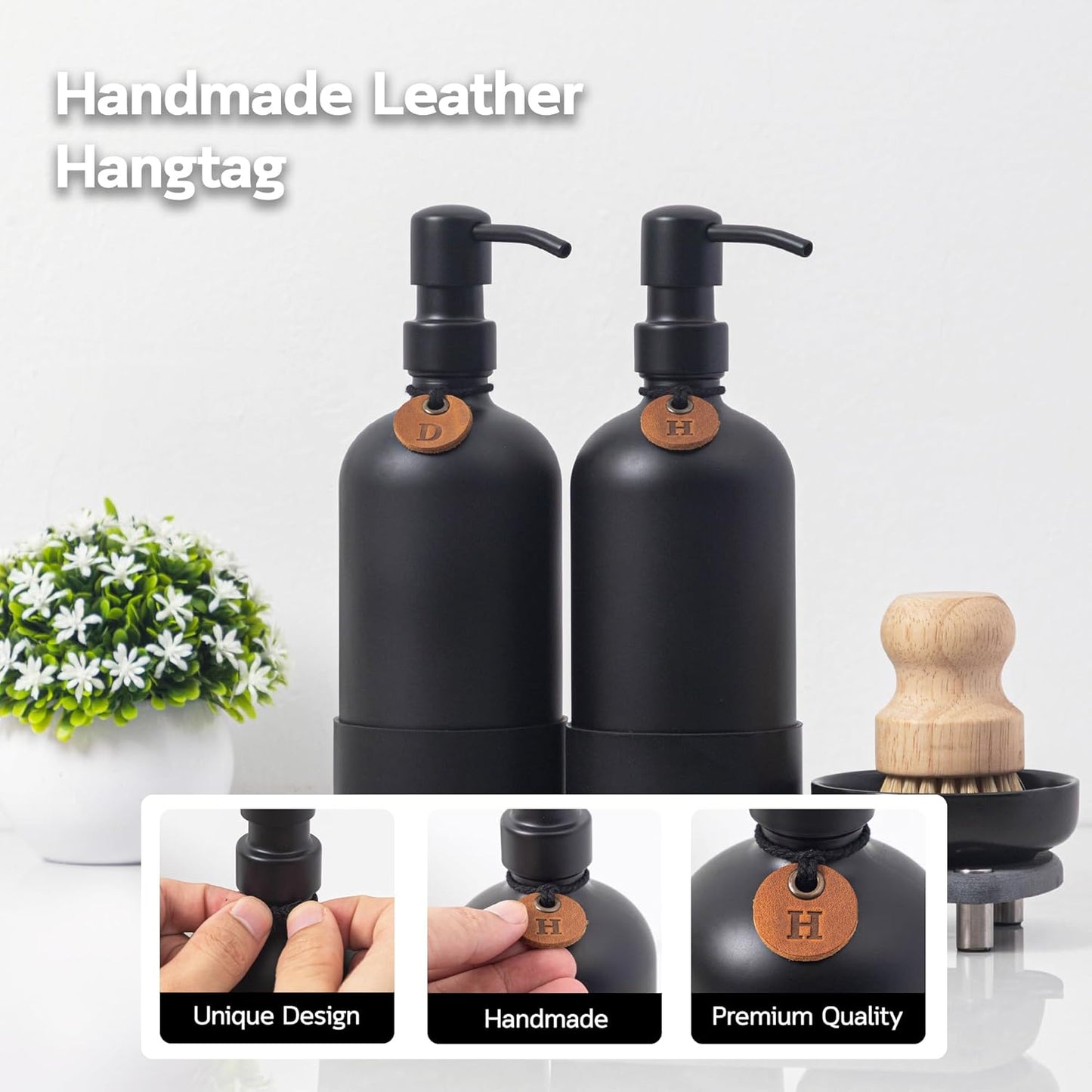 [Luxurious] Hand and Dish Soap Dispenser Set, Kitchen Soap Dispenser Set with Handmade Leather Tag, Instant Dry Tray, Stainless Steel Pump, Non-Slip Pad, Add Elegant Touch to Your Kitchen Sink