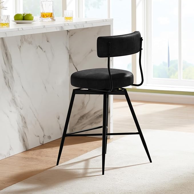 Swivel Counter Height Bar Stools with Back, 27 Inch PU Black Leather Upholstered Kitchen Bar Chairs for Kitchen Counter Island, Dining Chairs with Footrest Metal Legs