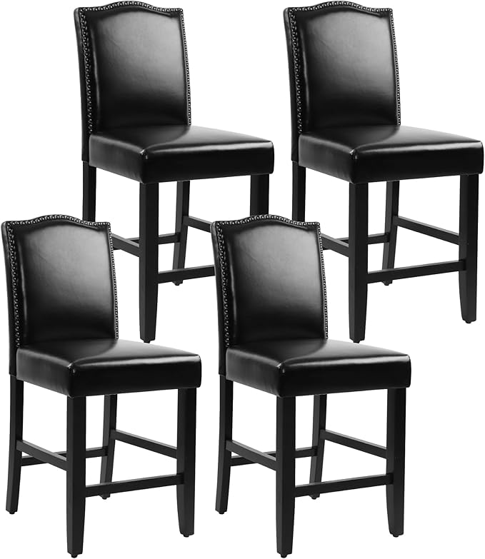 LSSPAID Counter Height Bar Stools Set of 4, 23.5 Inch Pu Upholstered Barstools, Kitchen Island Chairs with Bronze Nail Backrest and Solid Wood Legs for Kitchen Pub Home Cafe, Black