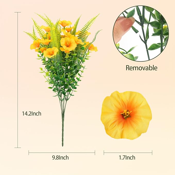 Artificial Fall Flowers for Outdoors 12 Bundles Fake Mums Petunias Flowers UV Resistant Shrubs Plants with Fern for Indoor Outside Hanging Planters Home Garden Autumn Decoration(Orange Yellow)