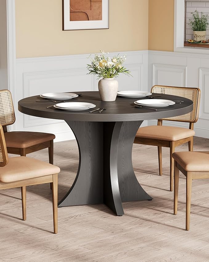 LITTLE TREE Round Dining Table for 4-6, 47.24 Inches Farmhouse Wooden Kitchen Table with Spacious Tabletop for Dining Room, Black