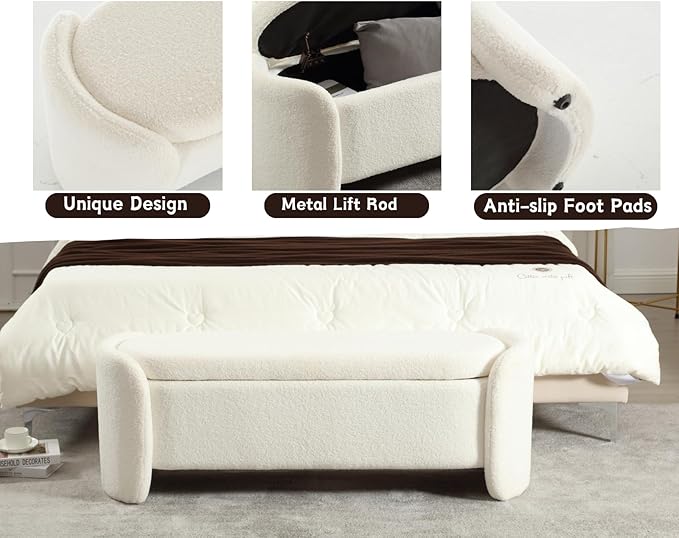 Modern White Storage Ottoman Bench - Upholstered Boucle Teddy Fabric, 50" End of Bed With Sherpa Seating for Bedroom/Entryway/Living Room/Window