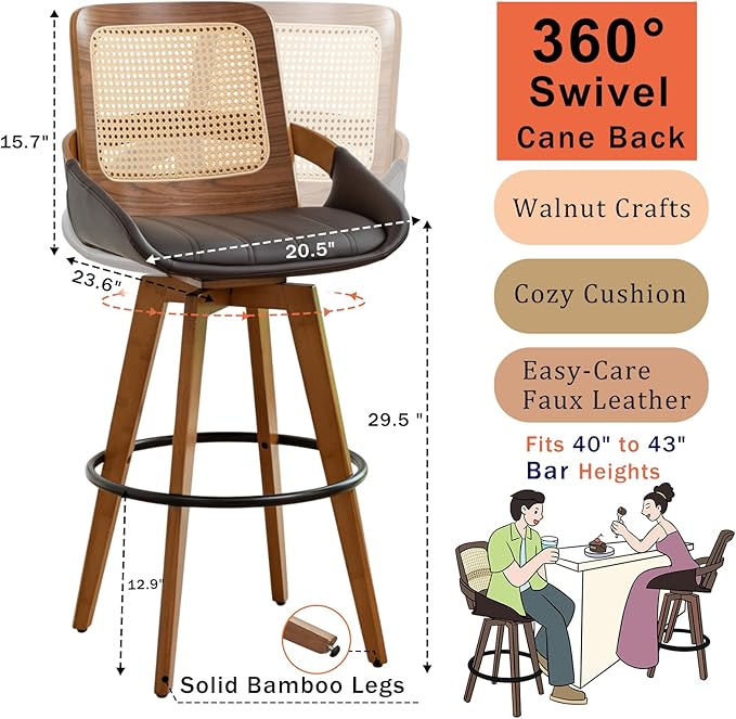 Bar Height Bar Stools Set of 2 - 29.5 inch Mid Century Modern Bar Stools with Cane Back, Curved Arms, Faux Leather Upholstered Seat, Rattan BarStools for Island/Pub/Kitchen (30" Seat Height, Brown)