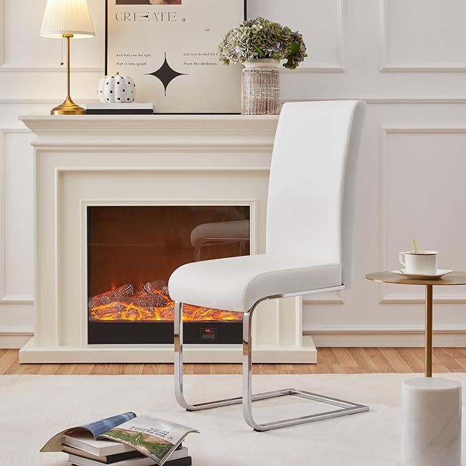Yaheetech Dining Chairs Set of 2 Modern Faux Leather Upholstered Dining Room Chairs with High Back and Metal Chrome Legs for Kitchen/Living Room/Restaurant, White