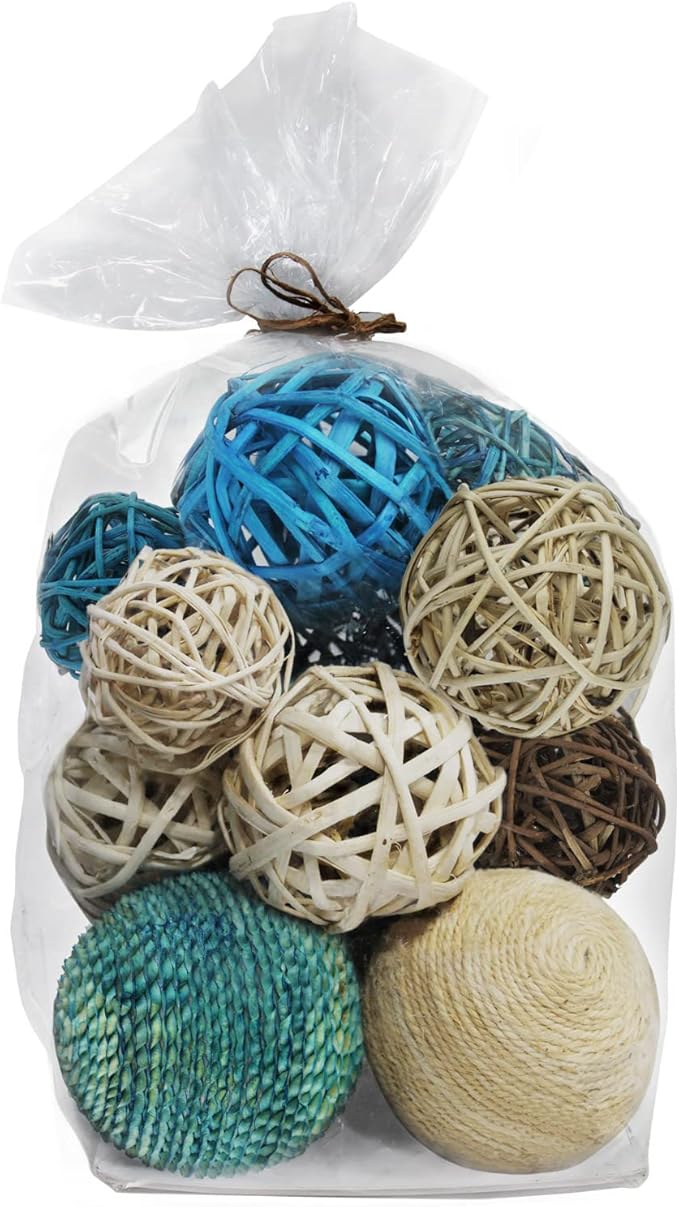 Blue Donuts Decorative Balls for Bowls Decorative Balls for Centerpiece Bowl Fillers, Assorted Rattan Wicker Balls Orb Grapevine Ball, Vase Fillers, Blue, Pack of 18