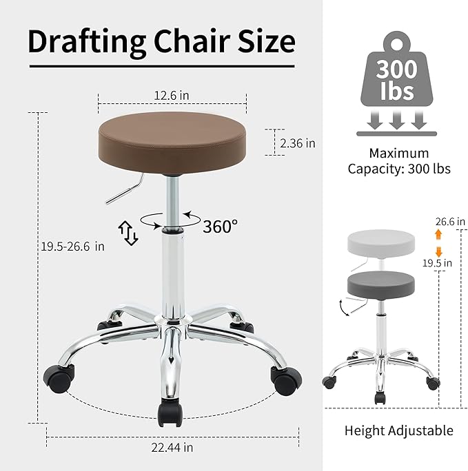 Adjustable Office Stool with Wheels 19.5"-26.6", Brown Thick Cushion Backless Rolling Chair (Coffee Brown)