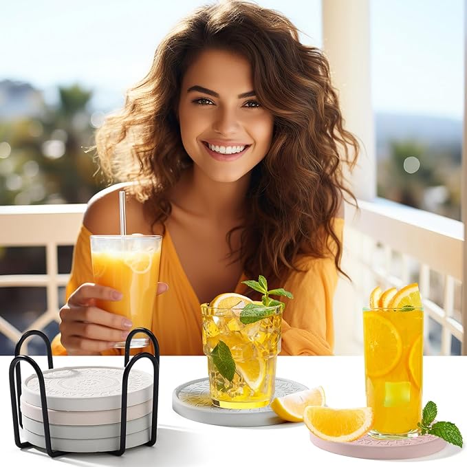 Photect Diatomaceous Earth Coasters Set with Holder Absorbent Stone Drink Coasters Instant Drying Tray for Tabletop Protection Home Decoration Housewarming Gift(Mint,6 Pcs)