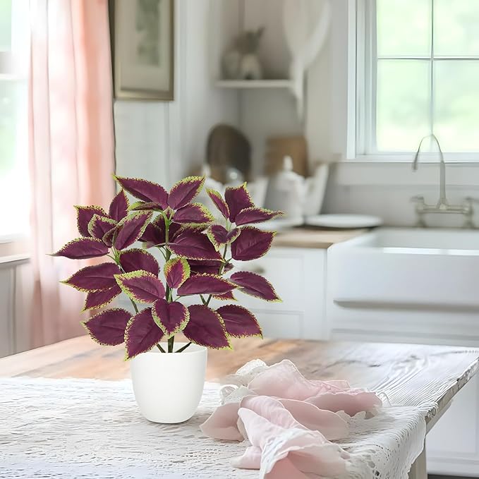 Artificial Plants Indoor 14.2" Small Fake Perilla Plant in Pot Potted Plants Artificial Decor Faux House Plant with White Pot for Farmhouse Home Office Bathroom Living Room Table Shelf Decor